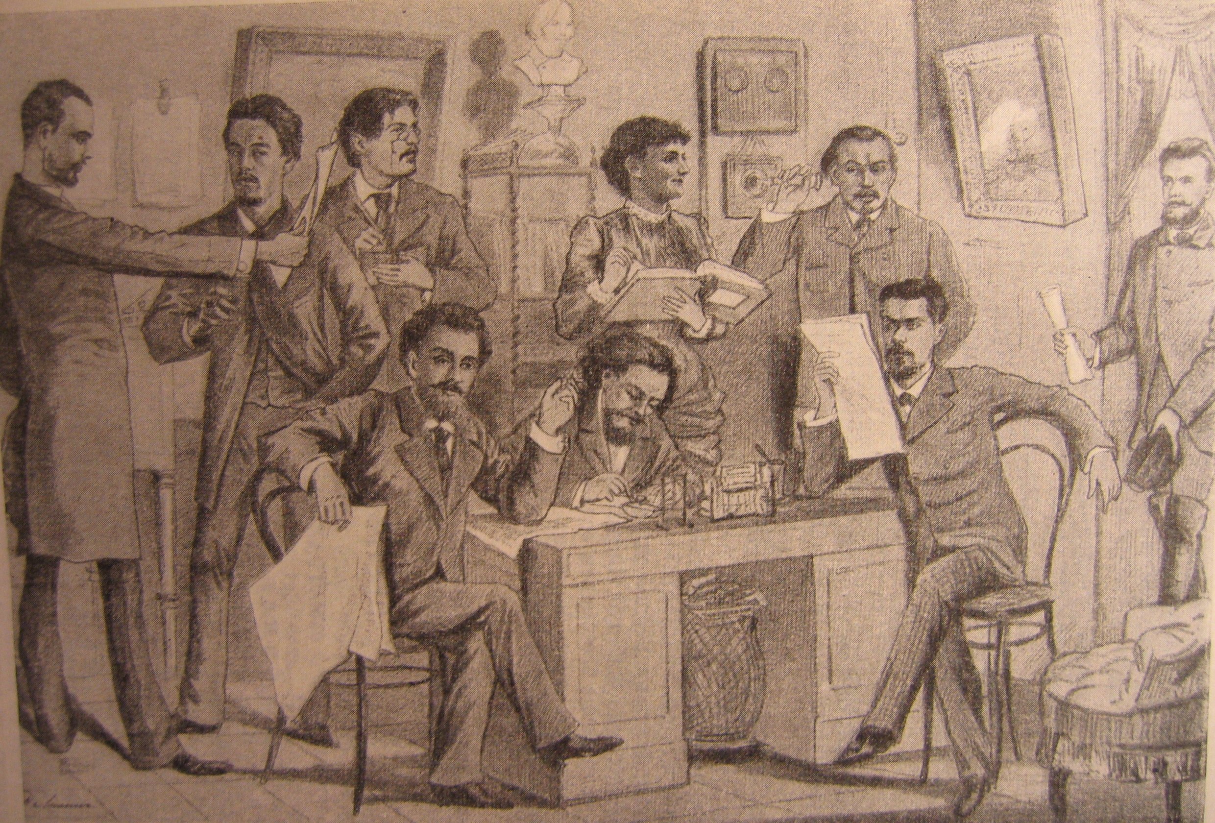 Редакционный день журнала «Будильник», 1885 год. Это графическая сценка, а не фотография.